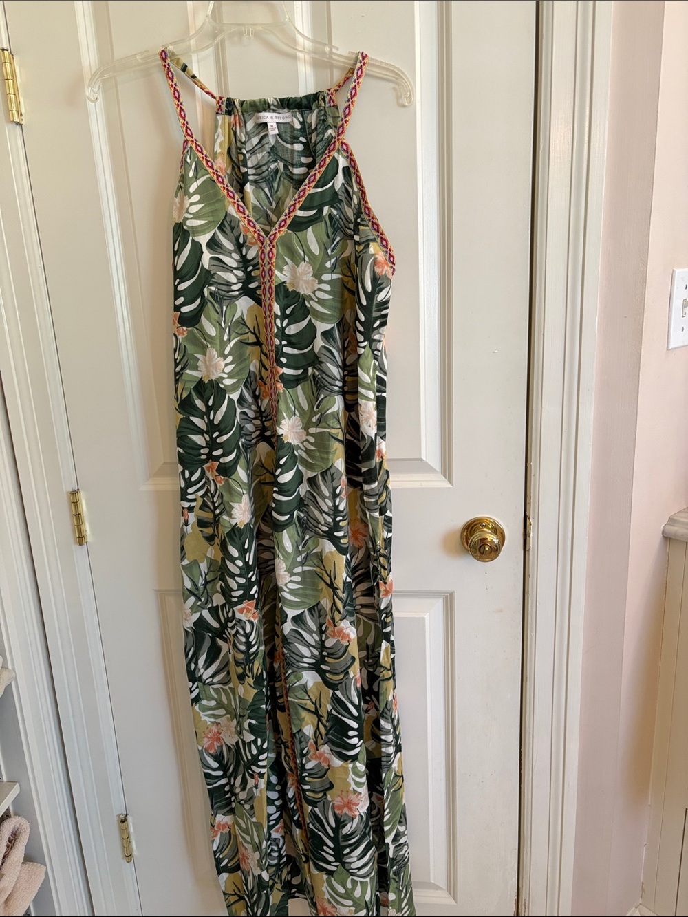 Green Tropical Leaf Halter Maxi Dress with Trim Detail